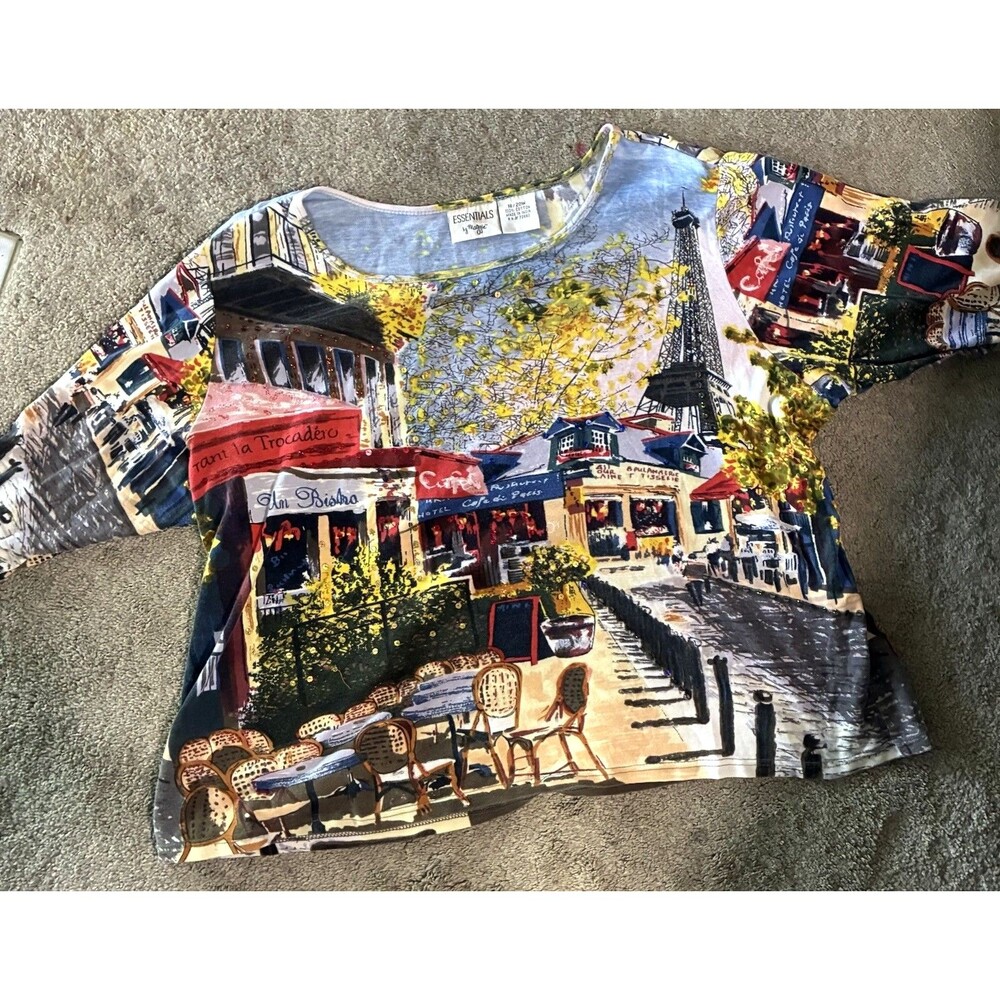 90s Paris Cafe Print Tee Eiffel Tower Graphic Top Sequin Detail Cotton 18/20W